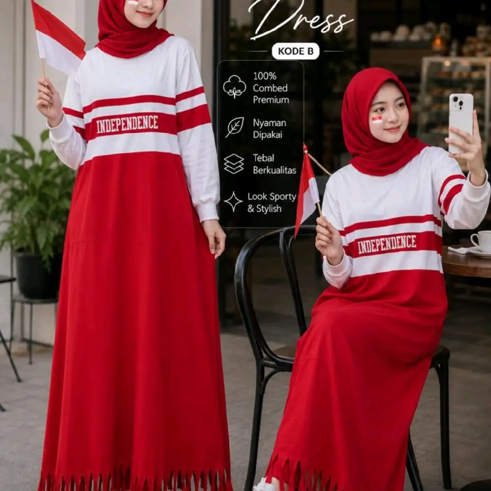 INDEPENDENCE Dress Gamis Olahraga Muslim Baju Olahraga Merah Putih Baju Agustusan Baju Senam Baju Kekinian Baju Mewah Murah Dewasa Panjang Wanita Gamis Kemerdekaan