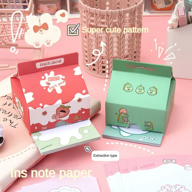 Cute Extractive Sticky Note Box Creative Cartoon Sticky Note Set Milk Carton Non-Sticky Instagram Girl Heart Sticky Note