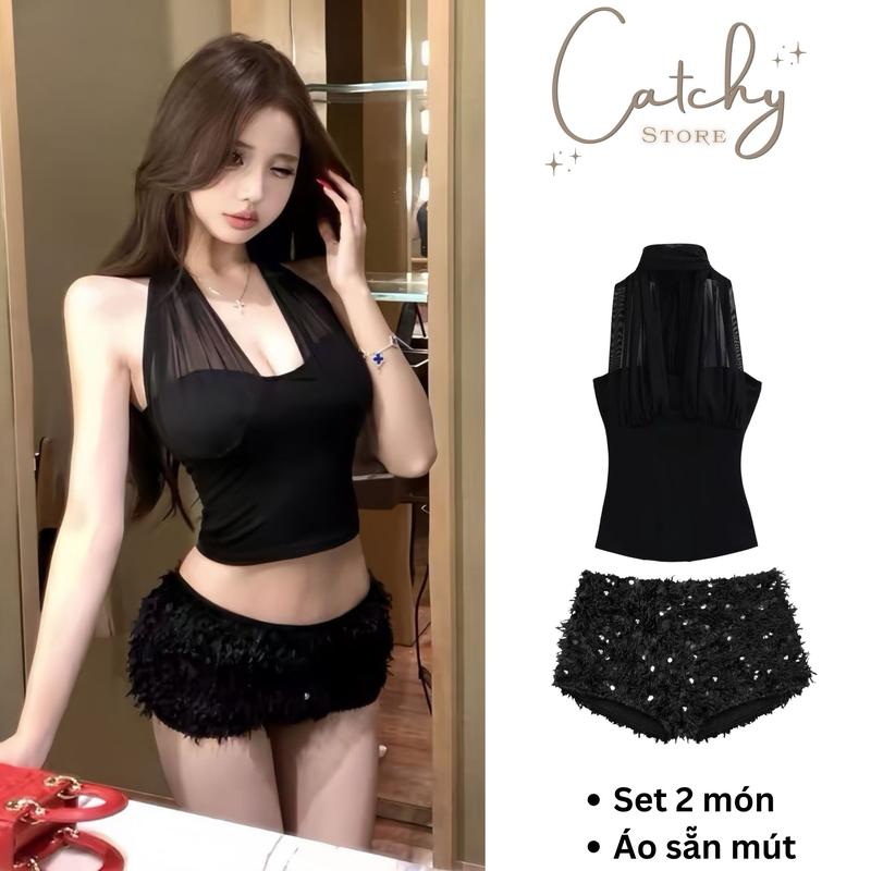Set Áo Yếm Đen Phối Lưới Sẵn Mút Quần Short Sequin Nữ Đi Chơi Đi Tiệc Đêm CATCHYstore
