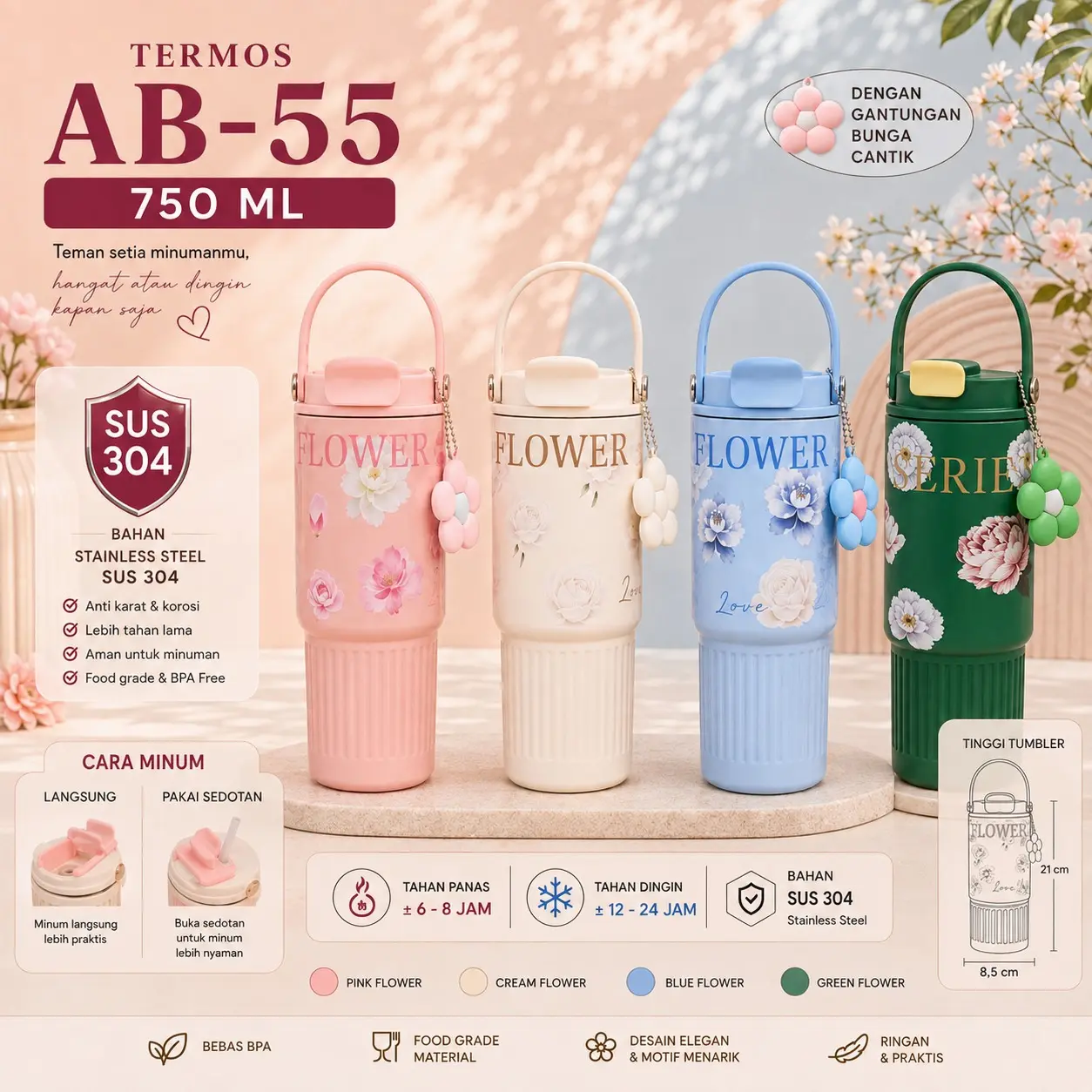 Termos Portable 750ml AB-55 Tahan Panas Dingin Stainless Steel 316 Tutup Sedotan Silikon Anti Tumpah Bawa Travel Multifungsi - Thermos