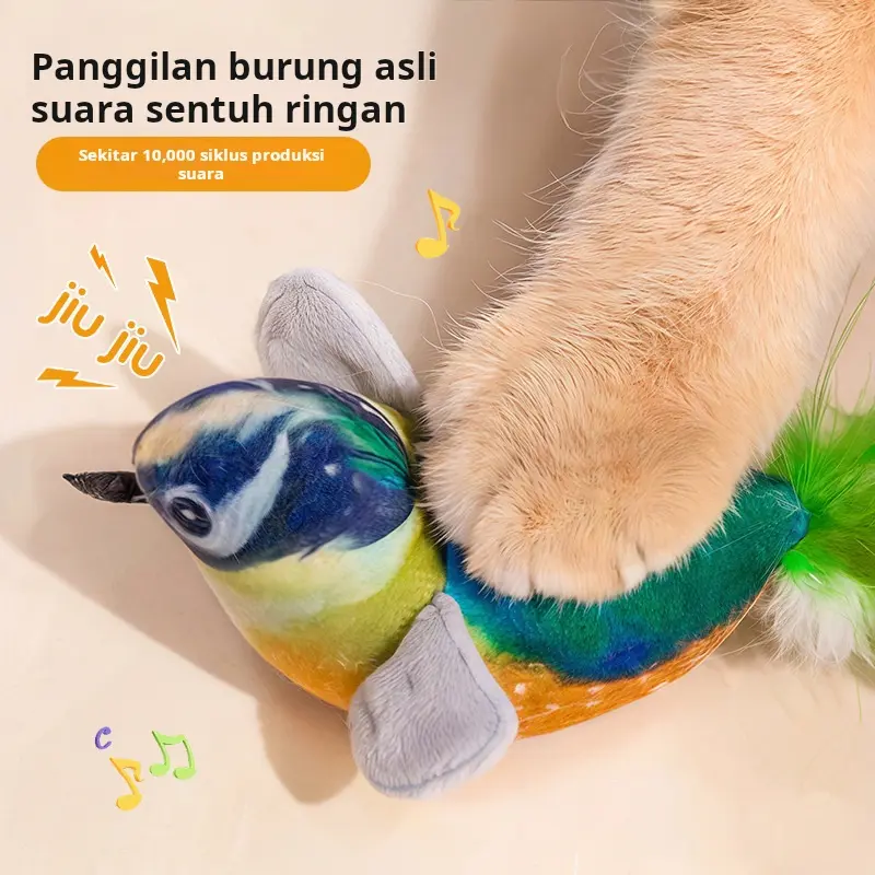 Mainan Kucing Boneka Interaktif: Mainan berbentuk burung yang awet serta tahan cakar dan gigitan, dilengkapi suara realistis—sempurna untuk bermain sendiri, mengatasi rasa bosan, dan memancing naluri kucing dengan aksen bulu.
