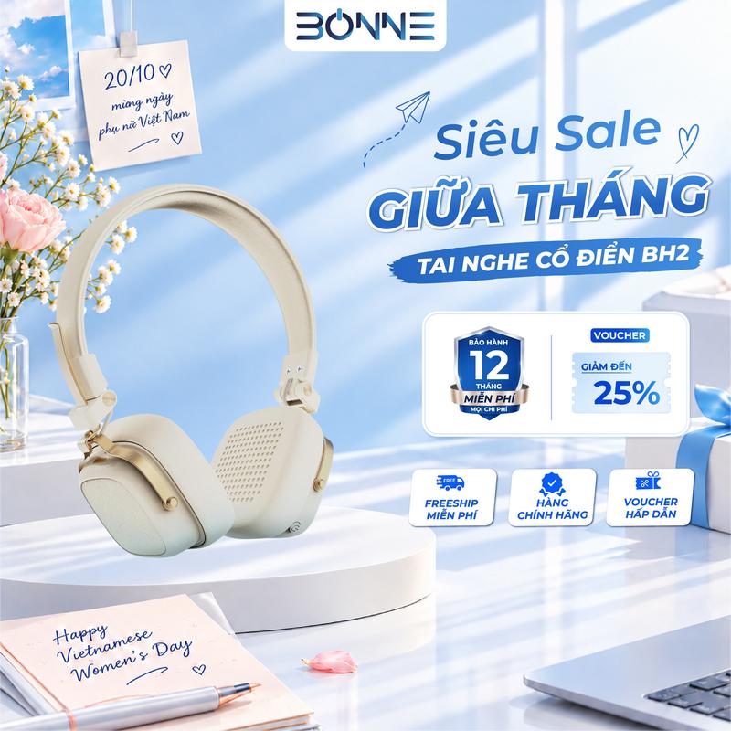 Tai Nghe Bluetooth Thiết Kế Cổ Điển BH2 By Bonne TECHNOLOGIQUE, Tai Nghe Bluetooth 6.0 Nghe Liên Tục 90 Tiếng, Âm Thanh HIFI, Âm Thanh Vòm 360, Tai Nghe Bảo Hành 12 Tháng