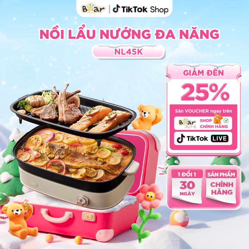 Bếp nướng điện kèm lẩu đa năng 2 in 1 Bear SB-NL45K 4.5L, nồi lẩu điện kèm chảo rán, nấu lẩu, chiên, xào, nướng thịt, áp chảo, 2 khay chống dính, nóng nhanh