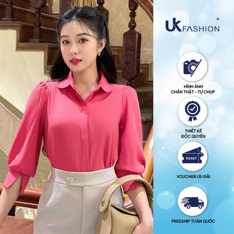 Áo Sơ Mi Cổ Sen Tay Lỡ Lơ Vê Xẻ UK Fashion Công Sở Nữ Thanh Lịch Nữ Tính Vải Mềm Mịn UKSM2408005