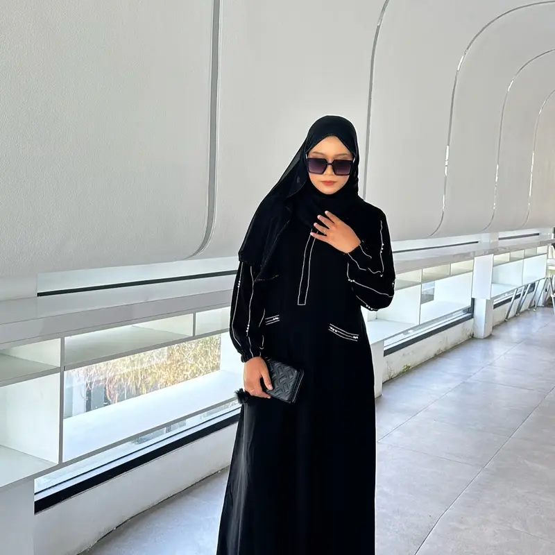 Abaya Gamis Remaja Simple Dress Hitam Mutiara Adya Mom and Kids Muslim Wanita Dewasa Bordir Mewah Arab Renda Turki Syari Kombinasi Putih 1