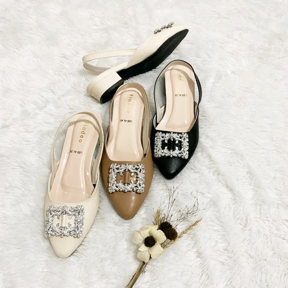 Fladeo Sandal Perempuan Heels Selop Mewah Tali Belakang Kotak Mewah Shoes Wanita Sendal Karet Cewek