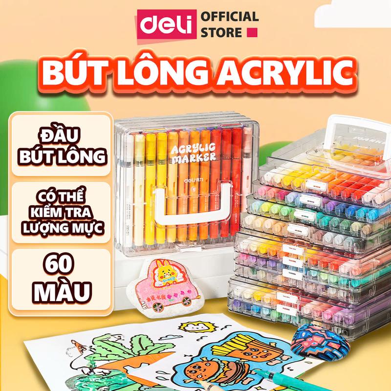 Bút sơn màu Acrylic Maker Roller Deli 60 màu - Bút Acrylic Marker Dạng roller hộp nhựa màu sắc tươi sáng vẽ được trên mọi chất liệu có thể rửa sạch trên da