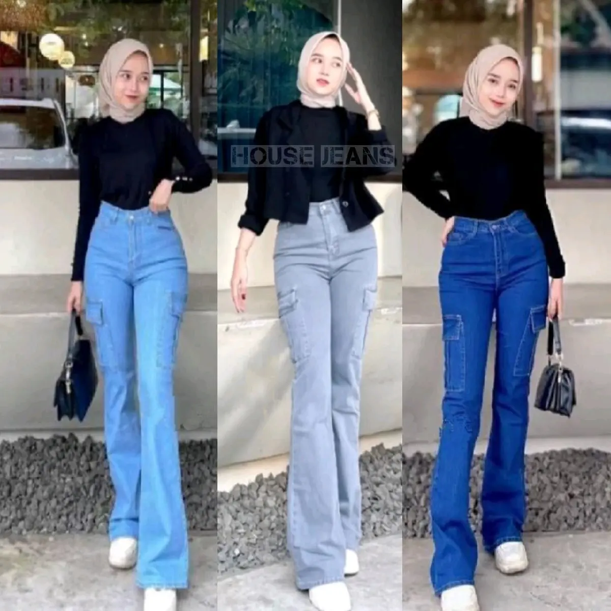 Celana Cargo Cutbray Streatch Highwaist Je ans Wanita Jeans Loose Melar Panjang Retro Blue Street Style Pas  Light Tebal Dark Tebal Dark Stretch Denim