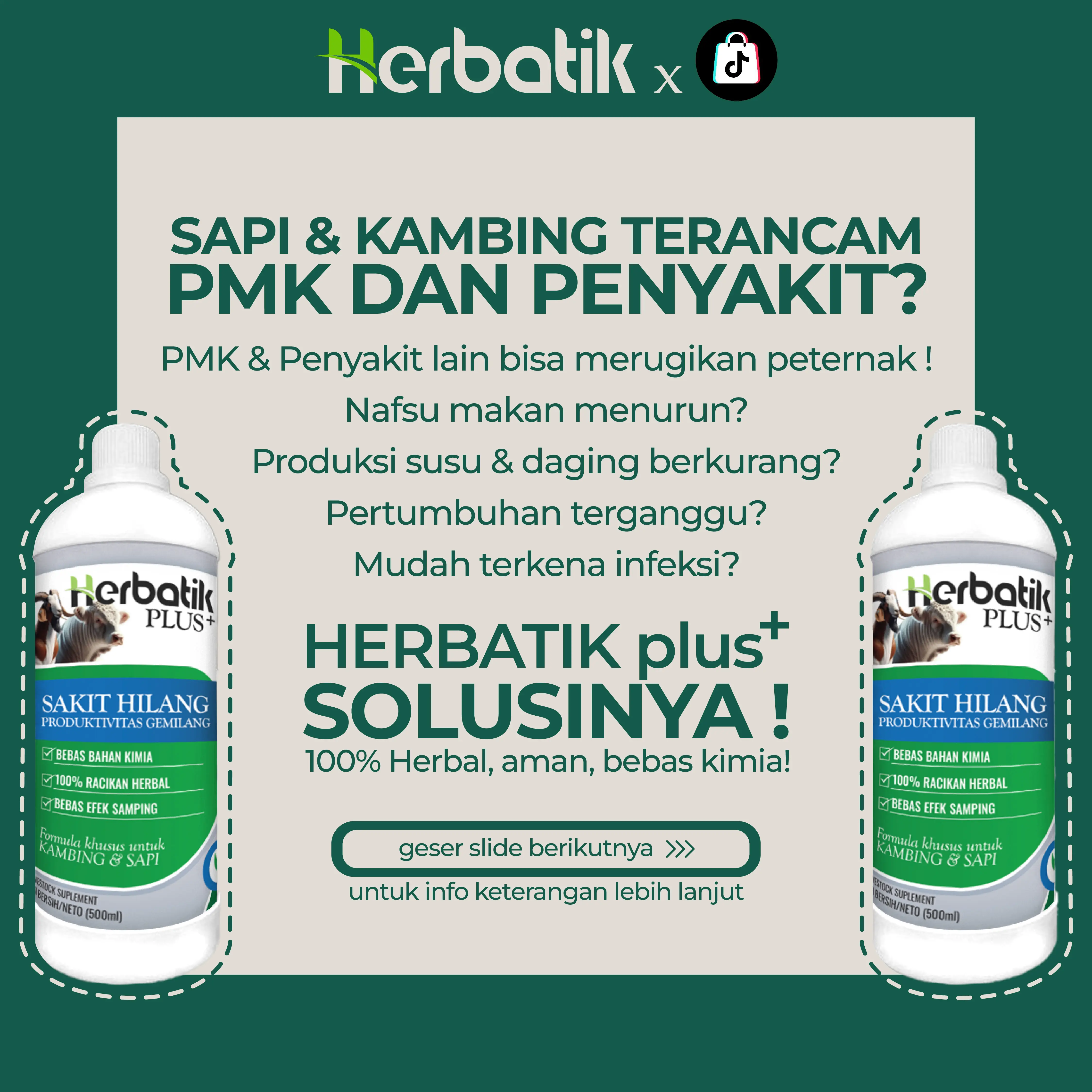 Herbatik Plus+ Obat Herbal Sapi & Kambing | Cegah PMK, Cacingan, Flu & Meningkatkan Imun