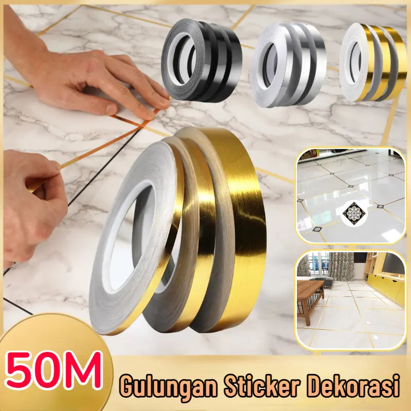50M/Roll Gulungan Sticker Gold 0.5cm-3cm Pembatas Nat Keramik 50meter Lebar 1cm