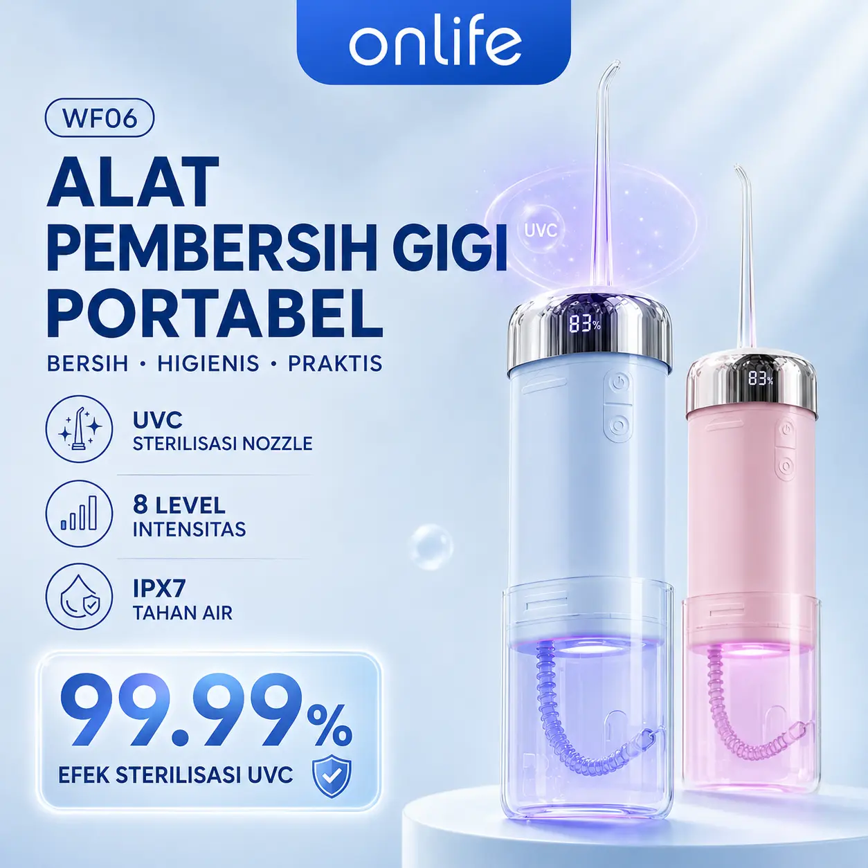 Onlife WF06 Water Flosser UVC Sterilizer 99.99% | Pembersih Gigi Elektrik 8 Mode 280ML, Cocok Behel & Gusi Sensitif