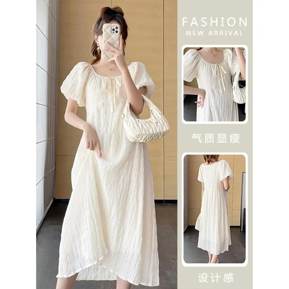 pregnant woman dress summer fashion foreign style square collar bubble sleeve loose long dress thin large size dress