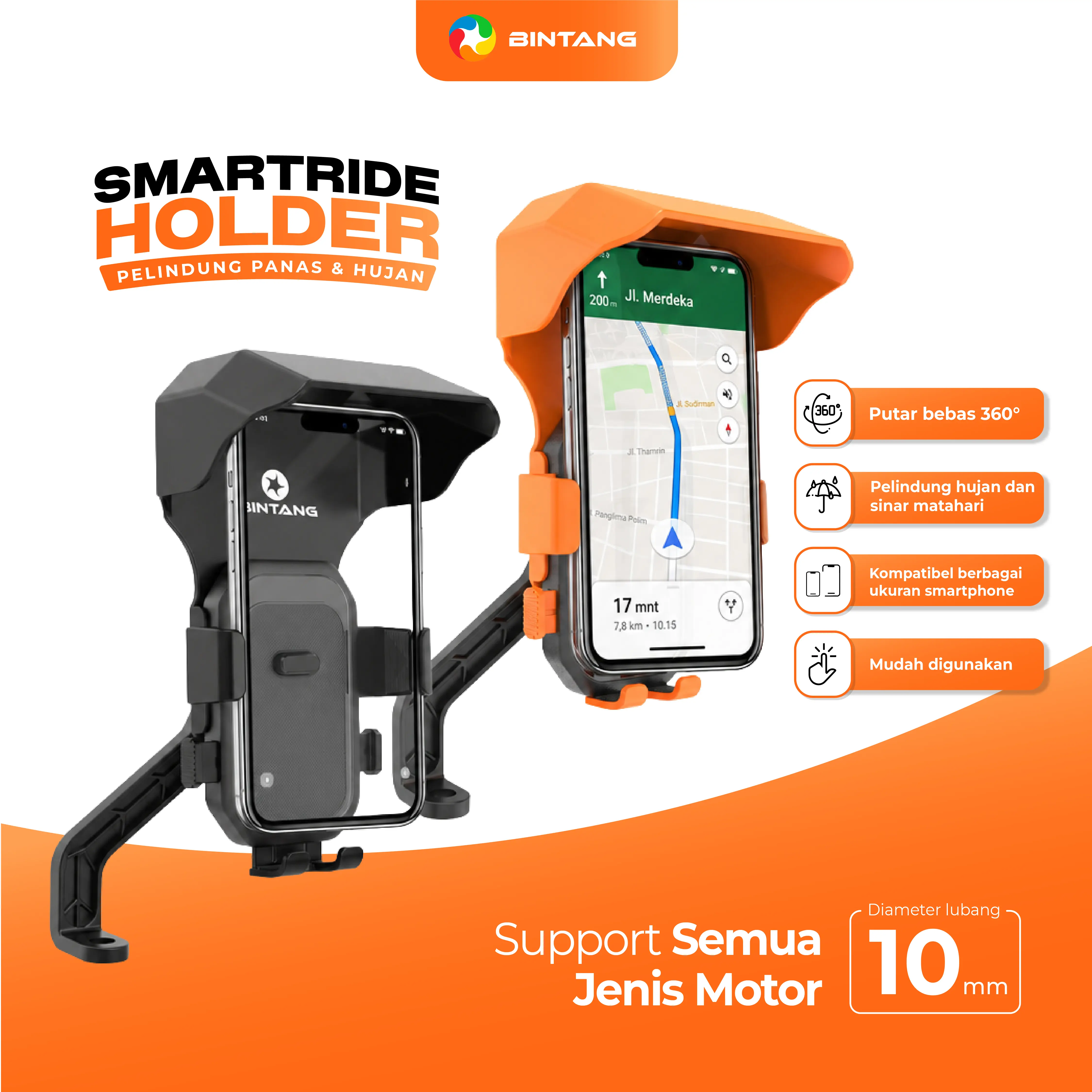 BINTANG Phone Holder Motor Anti Hujan & Sinar Matahari 360° Phone Bracket Anti Guncangan SmartRide