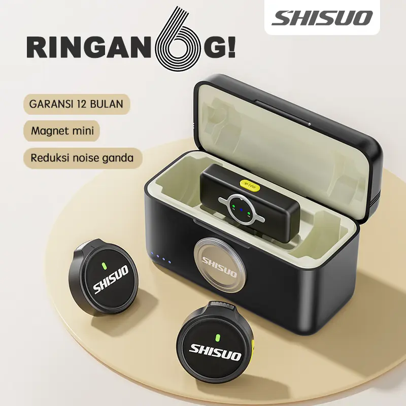 SHISUO A6 Mic Nirkabel Lavalier dengan Klip Magnetik & Case Charger – Untuk HP Android, Vlog, Siaran Langsung