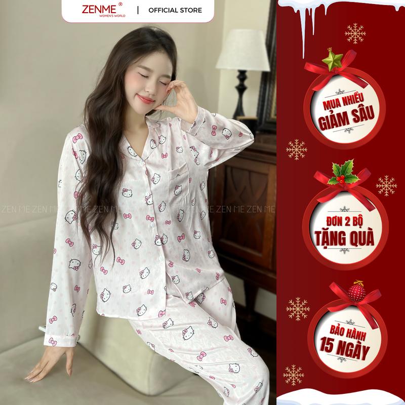 Zenme Bộ Đồ Ngủ Hello Kitty Cho Nữ Dài Tay Chất Lụa Vân Gỗ ZENME Kiểu Dáng Pijama Tay Dài Quần Dài Thoáng Khí Thoải Mái Làn Da