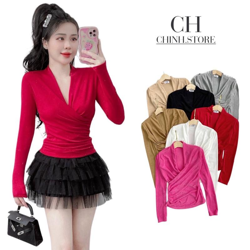 A70- Áo thun nhũ tay dài nữ cổ chéo V phom ôm nhún eo Bigsize women Top, áo ôm kiểu nữ