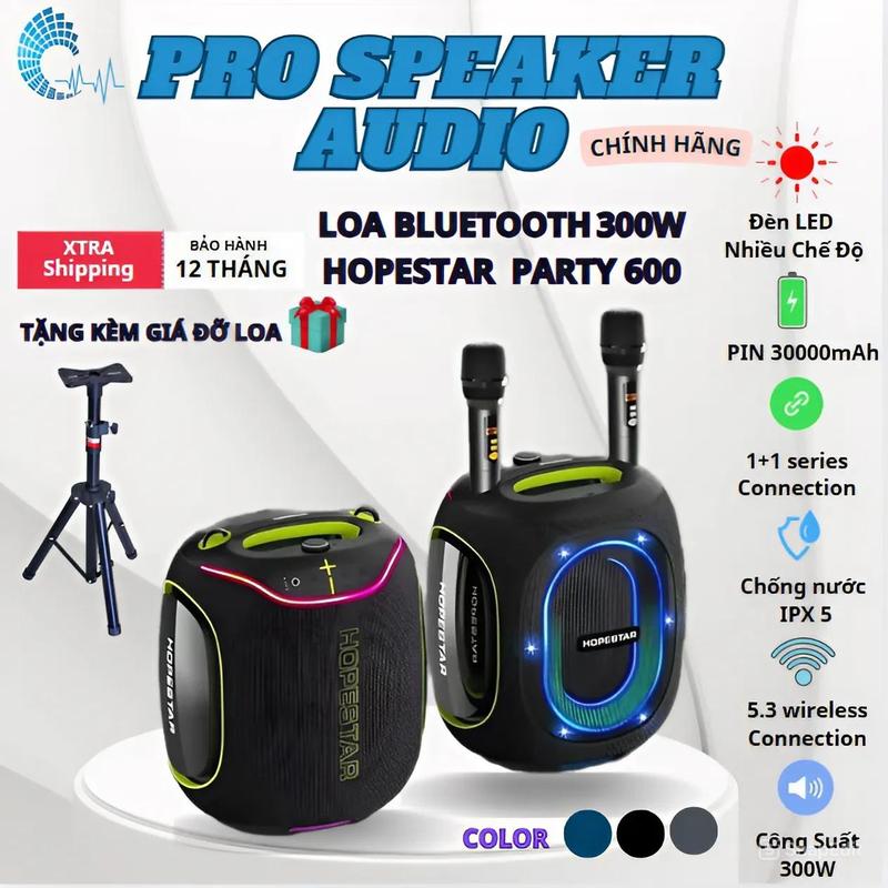 Tặng Nhạc Loa Bluetooth karaoke Hopestar Party 600 Công Suất 300W 2025 bass siêu mạnh PIN 30000 NGHE 10 GIỜ chống nước IPX5 TWS Củ Loa 3D Led Nghe Nhạc360.