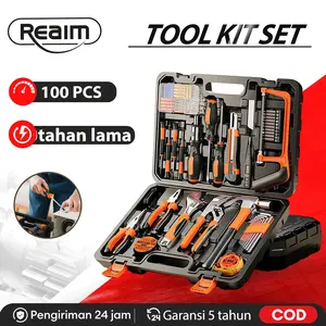 REAIM Tool Kit Set Lengkap Set Perkakas Rumah Tangga Kotak Peralatan Tukang 100PCS Set Obeng Tang Palu Kunci Inggris Meteran Cutter Kunci L Tool Box Plastik