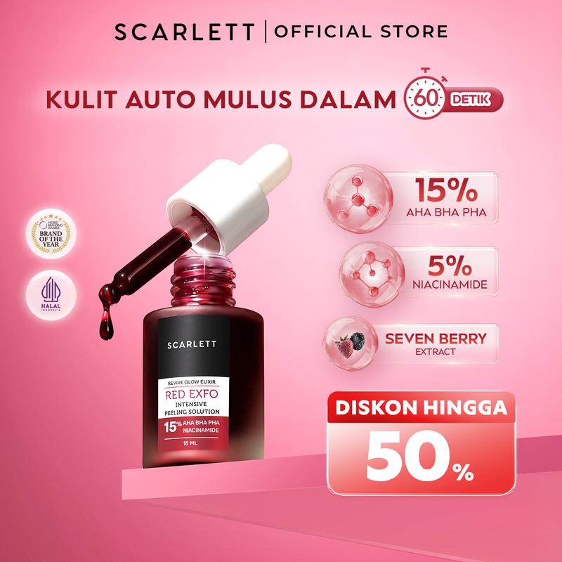 SCARLETT Revive Glow Elixir Red Exfo Intensive Peeling Solution - Peeling Serum Eksfoliasi Wajah Mencerahkan dan Halus dalam 60 detik 15% AHA BHA PHA 5% Niacinamide SCARLETT Revive Glow Elixir Red Exfo Intensive Peeling Solution - Peeling Serum Eksfoliasi Wajah Mencerahkan dan Halus dalam 60 detik 15% AHA BHA PHA 5% Niacinamide