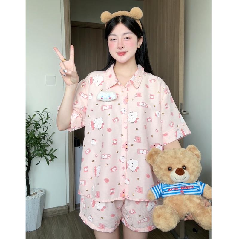 Kozoda Đồ Ngủ Kiểu Nữ Chất Đũi Vân Mây BN29 Họa Tiết Hoạt Hình Cute Dễ Thương Form Rộng Đồ Bộ Nữ Mặc Ở Nhà Đi Chơi Thoải Mái Size S & M