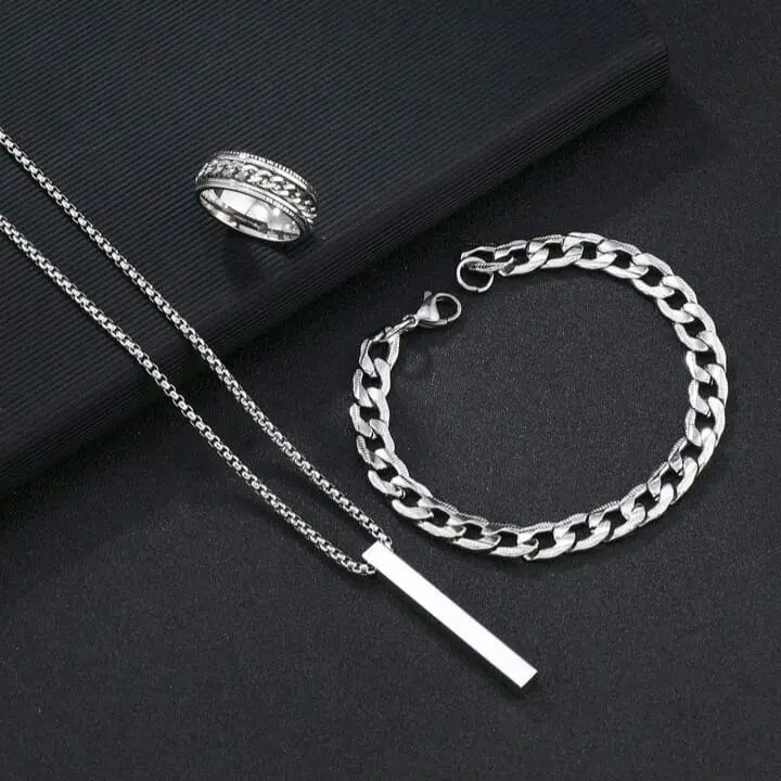 (fullset)KALUNG GELANG DAN CINCIN TITANIUM PRIA WANITA TERMURAH WARNA SILVER SIMPEL DAN MEWAH Perhiasan Elegan 4