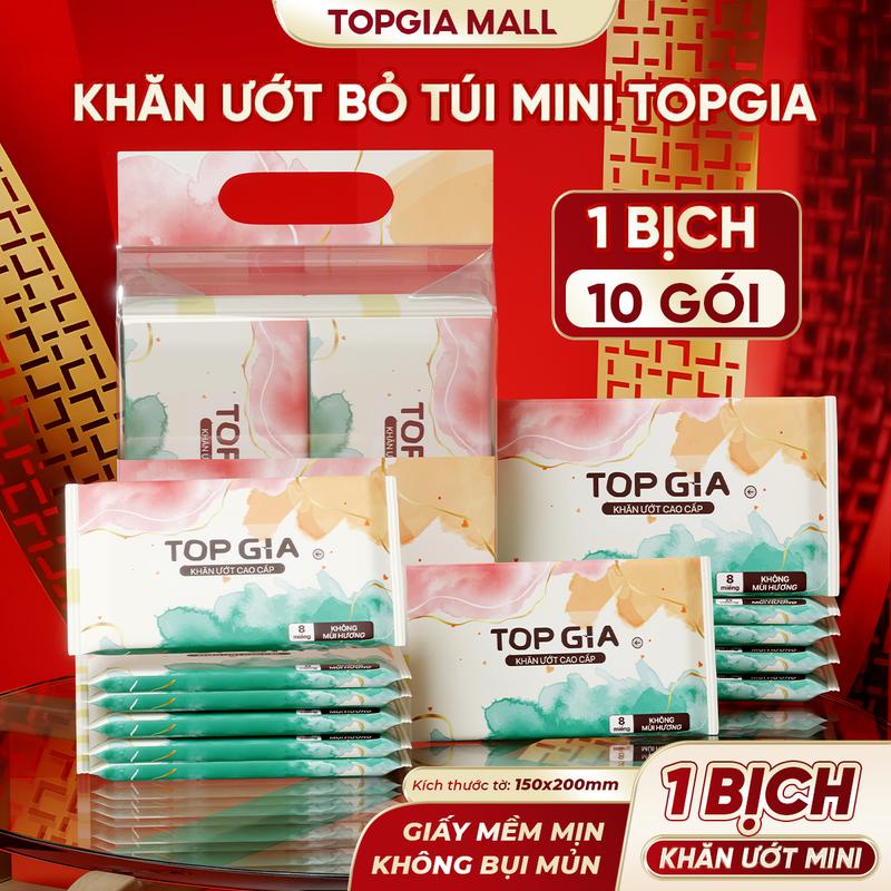 Combo 10 Gói - Khăn Ướt Mini Top Gia 8 Miếng / Gói, Mềm Mại Không Mùi Không Parabens