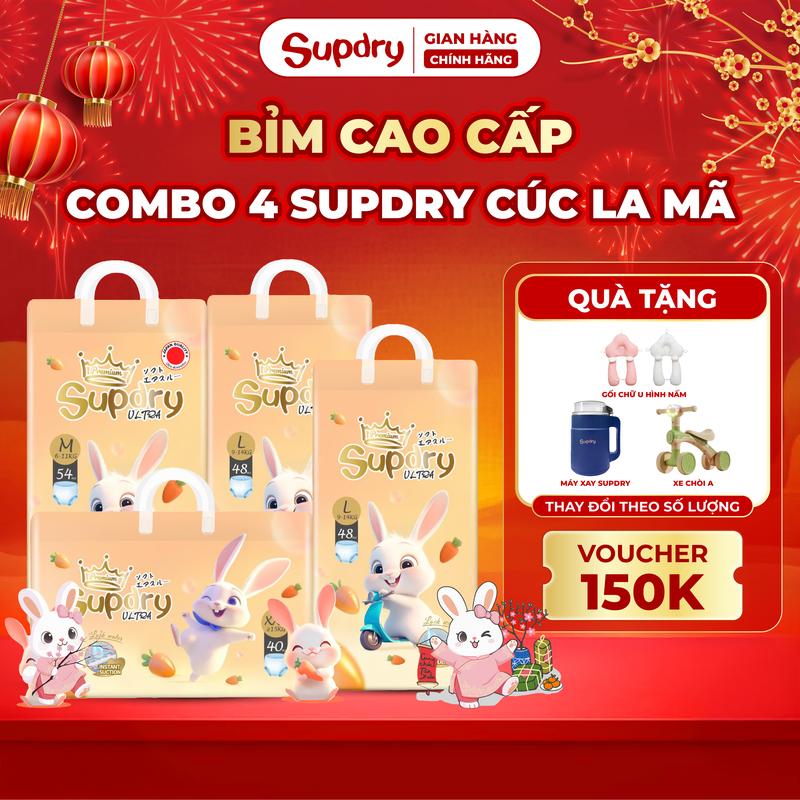   Độc quyền KOC  COMBO 4 bịch tã bỉm Supdry Ultra Mềm Mại Siêu Thấm Hút Và An Toàn Cho Bé Size NB S M L XL XXL 3XL 4XL Cho Bé từ 4kg-hơn 19kg   + Quà tặng 