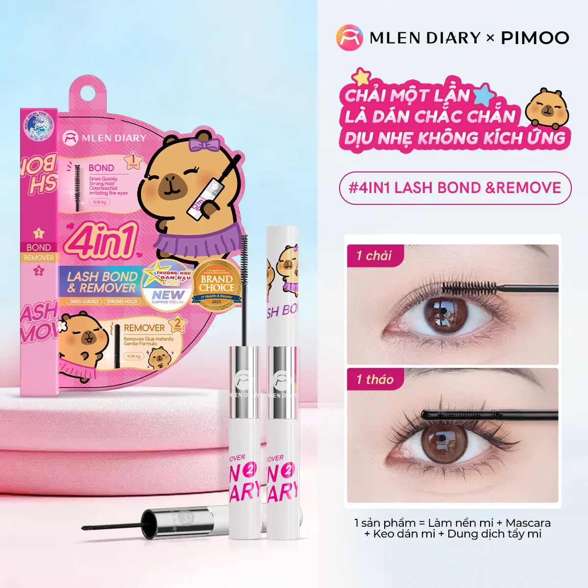 Mlen Diary - Keo 2 Đầu Mascara 4in1 Mlen Diary Tổng Dung Tích 8g - Kết Hợp Dung Dịch Tẩy Keo Dành Cho Mi Giả, Thiết Kế Tiện Lợi