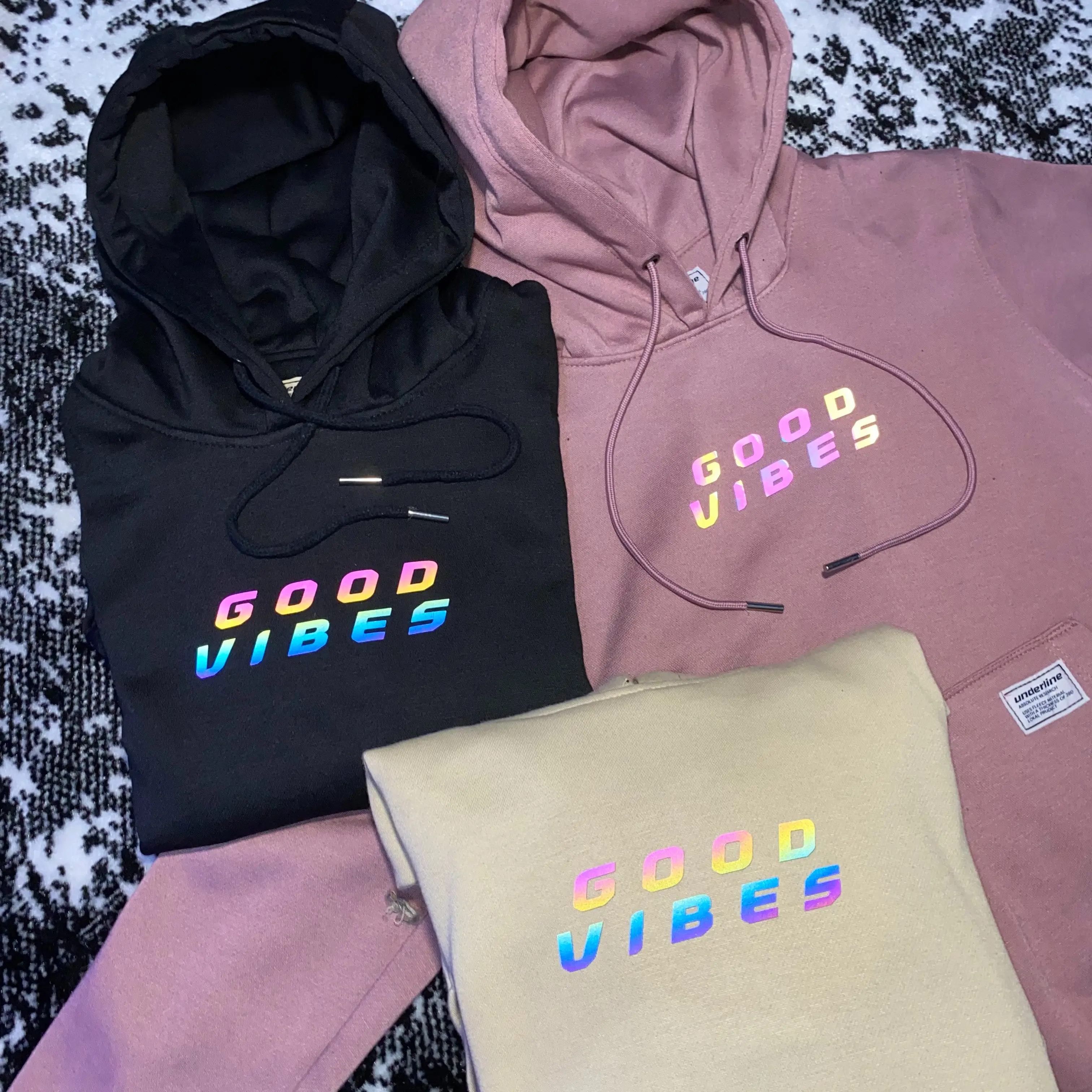 UNDERLINE - HOODIE REFLEKTIF MENYALA MOTIF GOOD VIBES SIZE M - XXL PRIA WANITA FLEECE TEBAL GRAMASI 280 UNISEX l RAINBOW