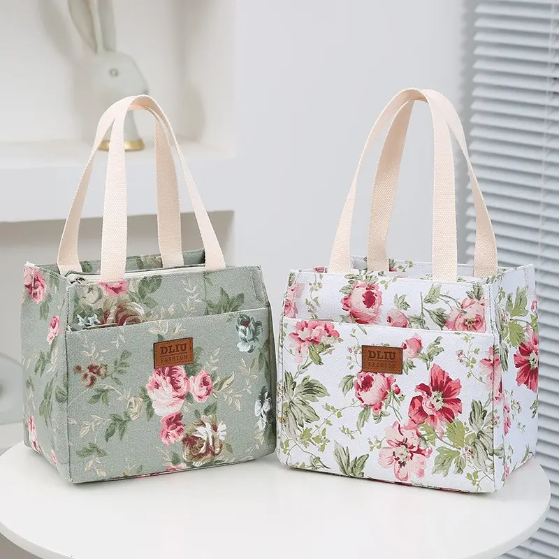 Portable Floral Print Lunch Bag Thermal Insulated Lunch Box Tote Cooler Functional Handbag Student Bento Pouch Food Storage Bags