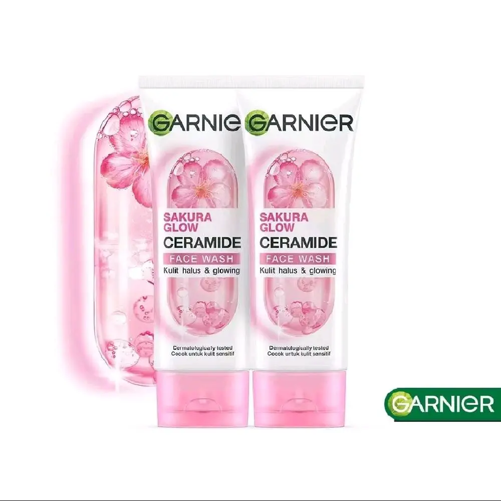 Garnier Facial Wash Sakura Glow Hyaluron [2 x 100ml] - Pembersih Wajah Berminyak dan Berjerawat - Perawatan, Kering, Kotoran, Membersihkan, Mencerahkan