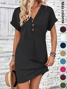 Vestido de mujer con botones y escote en pico, Vestido corto informal de manga corta con manga murciélago para verano, Vestido de mujer moderno