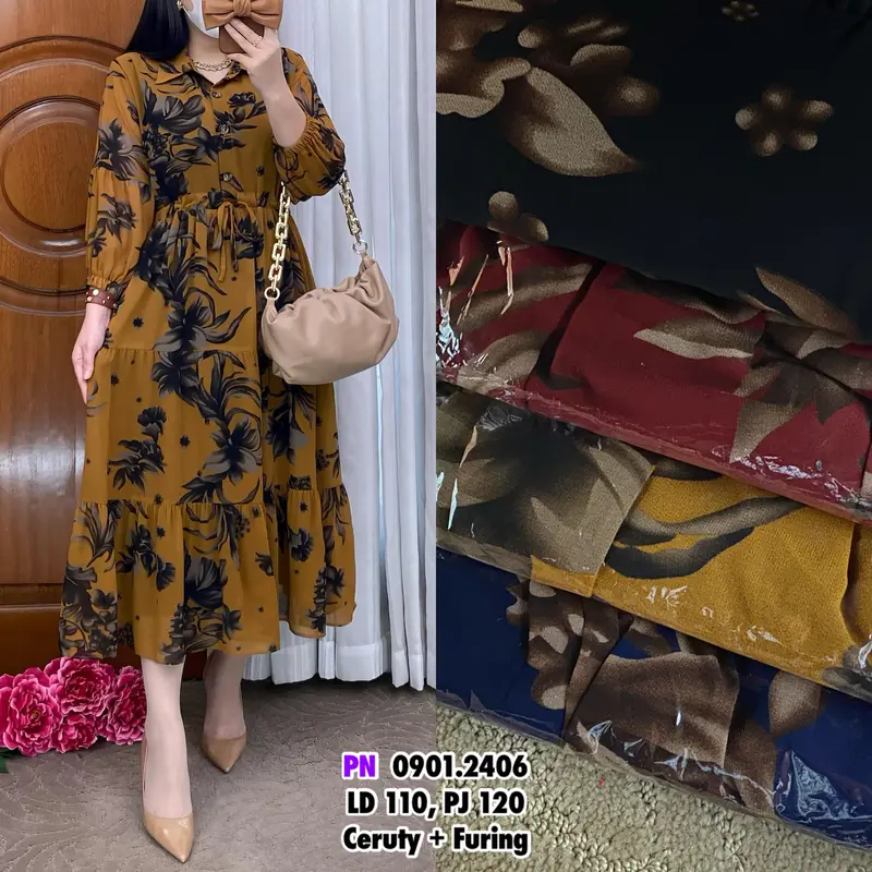 F708 Midi Dress Oriza Motif Kekinian 0