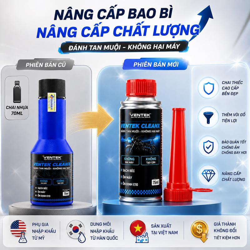 Phụ gia Súc béc xăng E10 VENTEK CLEANX | Đánh Tan Muội - Không Hại Máy