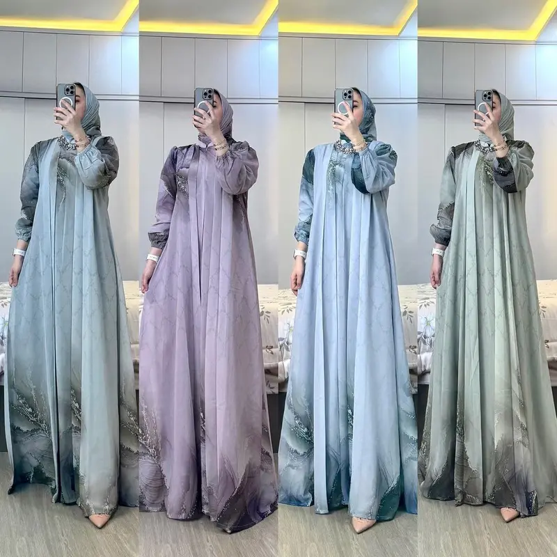HSN-Gamis Mhena Set Hijab Cruty Gamis Ceruty Babydol Gamis Motif Elegan Gamis Busui Frendly Gamis Wanita Terbaru Dress Muslim 0