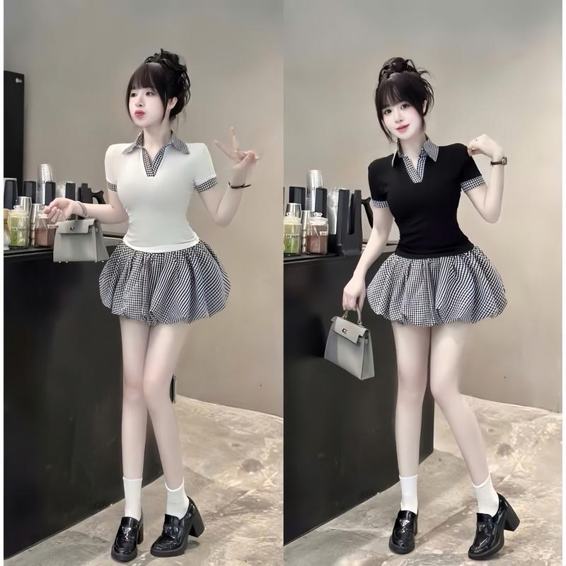 40-50kg Set váy bí phồng hottrend áo thun tăm cổ trụ tay ngắn phối viền mix chân váy bí phồng kate kẻ ô có quần trong đơn giản xinh xắn tôn dáng thích hợp cho nữ mặc đi chơi