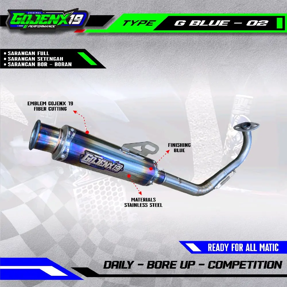 KNALPOT GOJENX19 PERFORMANCE SALEMBA TYPE G BLUE-02 FINISHING SLENCER STAINLESS TERSEDIA UNTUK ALL  TYPE MOTOR MATIC, TERSEDIA 3 SARANGAN