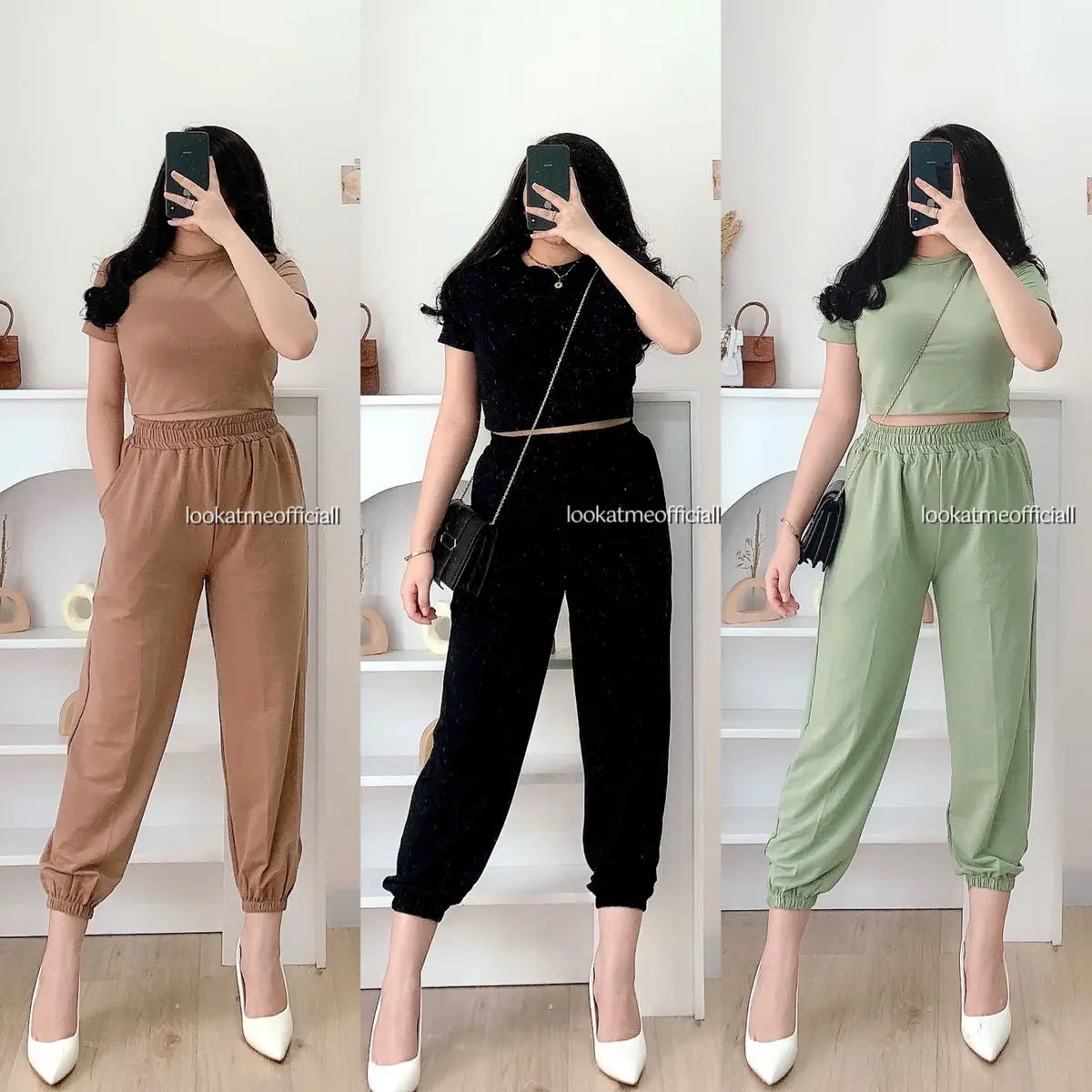 Lookatmeofficial • Zoey Set - Setelan Wanita Premium celana jogger  crop  top Atasan Baju Karet Pendek