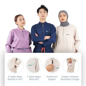 LINCURT - Doctor Scrub's Set Baju OK Lengan Panjang series 'Veera' Mandarin Collar Zipper Cargo Pants