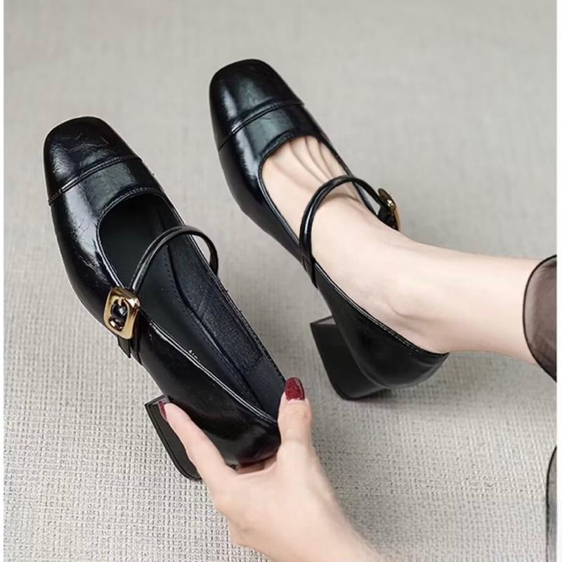 Giày Cao Gót Mũi Vuông Quai Ngang Phối Khoá Béo Đế Cao 3-5p Sang Xịn