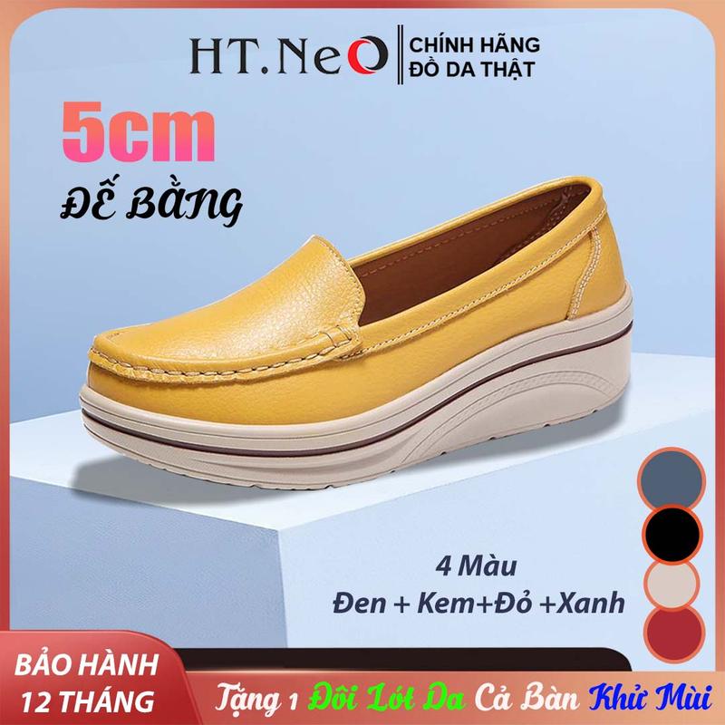  Giày nữ da bò thật HT.NeO  Giày nữ da trơn đế bằng tăng chiều cao 5cm dáng thể thao êm mềm phong cách 4 màu GDN02 