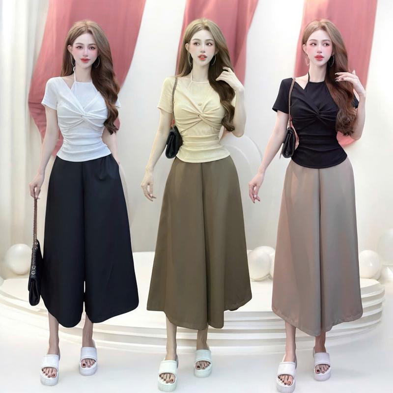    Quần dài 83cm   Set quần váy và áo CRAZYTEEN S6112 gồm áo thun kiểu cổ yếm và quần váy ống RỘNG để đi chơi   Áo thun  quần váy ống RỘNG   Set đồ 