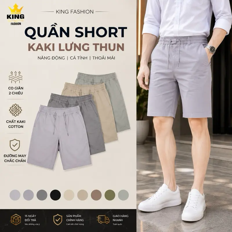 Quần Short Kaki Nam KINGFASHION Lưng Thun Dây Rút Có Khóa Kéo, Vải Kaki Co Giãn, Mặc Hằng Ngày KK-QSLT
