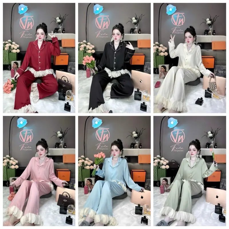 Pijama tay dài quần dài phối viền bèo xếp cánh nút đính đá sang chảnh hàng thiết kế Fena !
