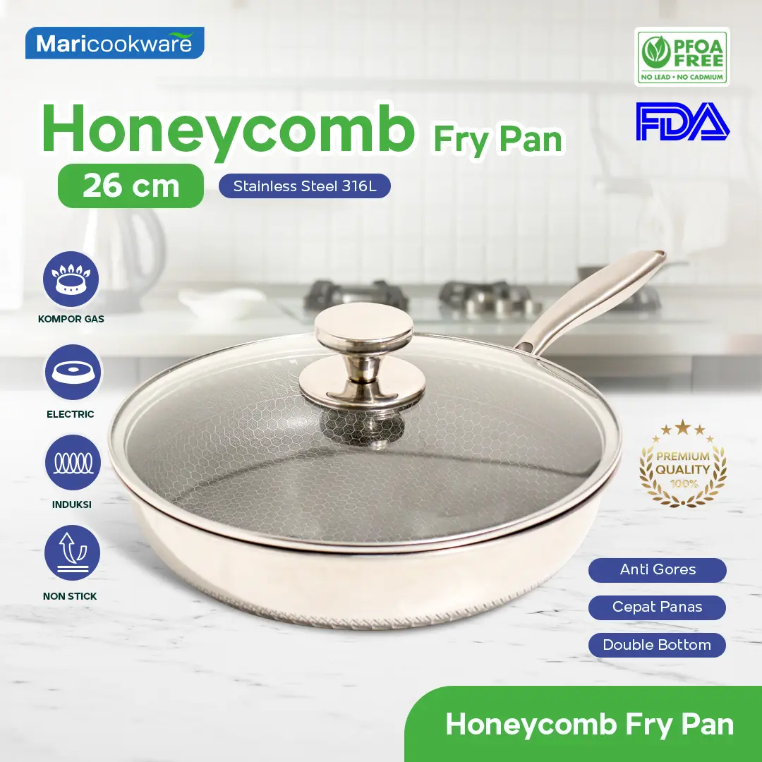 Honeycomb Fry Pan Stainless Steel Non-Stick with Glass Lid Wajan Penggorengan Anti Gores Anti Lengket 26 cm SUS 316 + Penutup