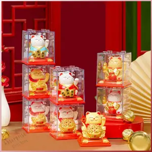 Solar Maneki Neko Lucky Cat / Pajangan Kucing Hoki Keberuntungan Bawa Rezeki Uang Emas Mini Yuan Bao Festival Musim Semi