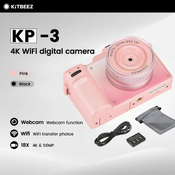 【KiTBEEZ KP-3】4K Wifi Digital Camera 18X Zoom HD Shooting Micro Single Camera DSLR Retro Camera 56MP for Beginner Photography
