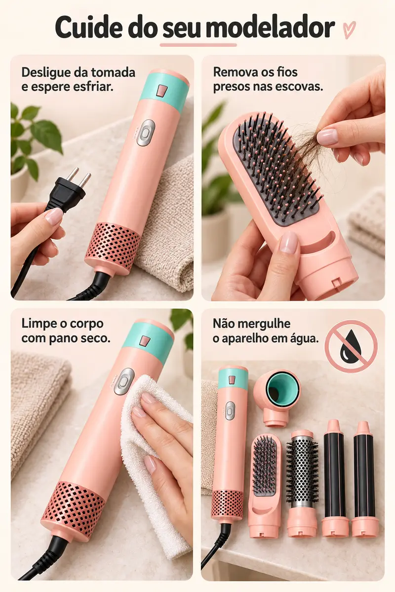 Escova Secadora 5 em 1 Multifuncional, Modeladora Alisa Seca e Dá Volume, Escova de Ar Quente Destacável, Modelador de Cachos com Íons Negativos, Presente Ideal para Mulheres, Garantia de 1 Ano