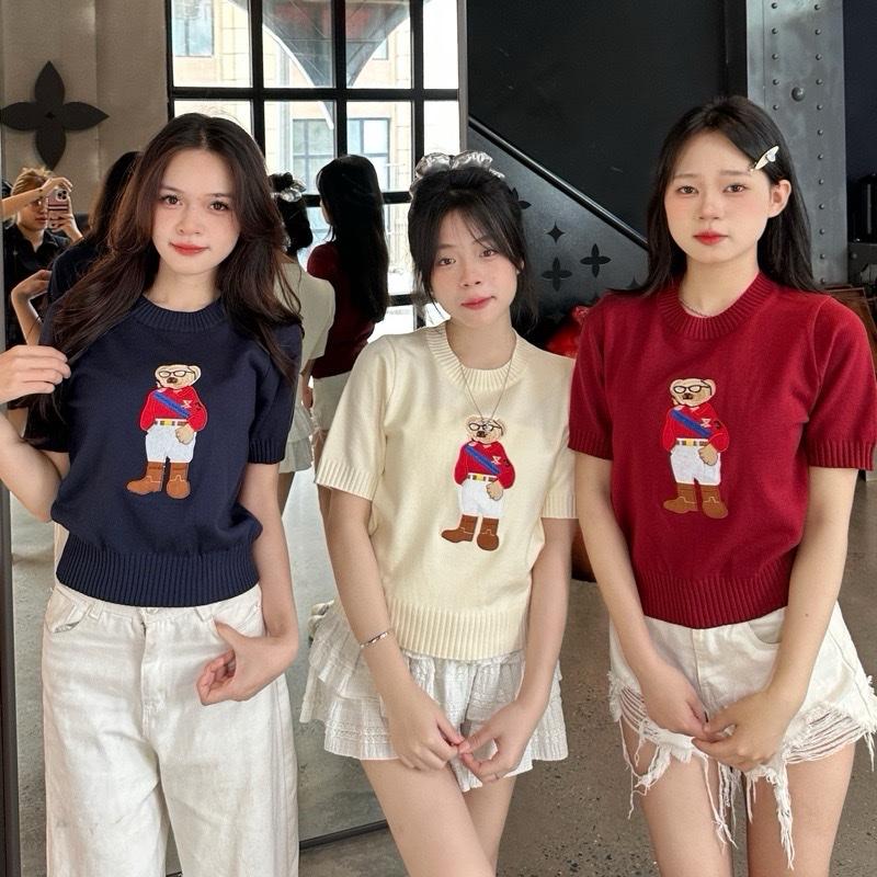 [DEAL MỞ BÁN] ÁO LEN CỘC TAY THÊU GẤU ÁO ĐỎ MỊN MƯỚT