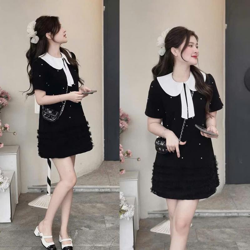 Váy Bầu xinh cho nữ M50 cổ phối viền trắng chất mềm mát mịn, thấm hút Nữ Women Dress Váy đi chơi váy thường mặc màu đen, váy thường mặc đi dạo phố, dự tiệc đám cưới